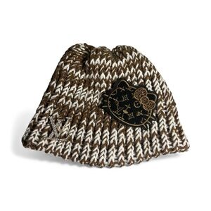 Hand Knitted Brown and White Knit Beanie with Hello Kitty and Luxury Brooch